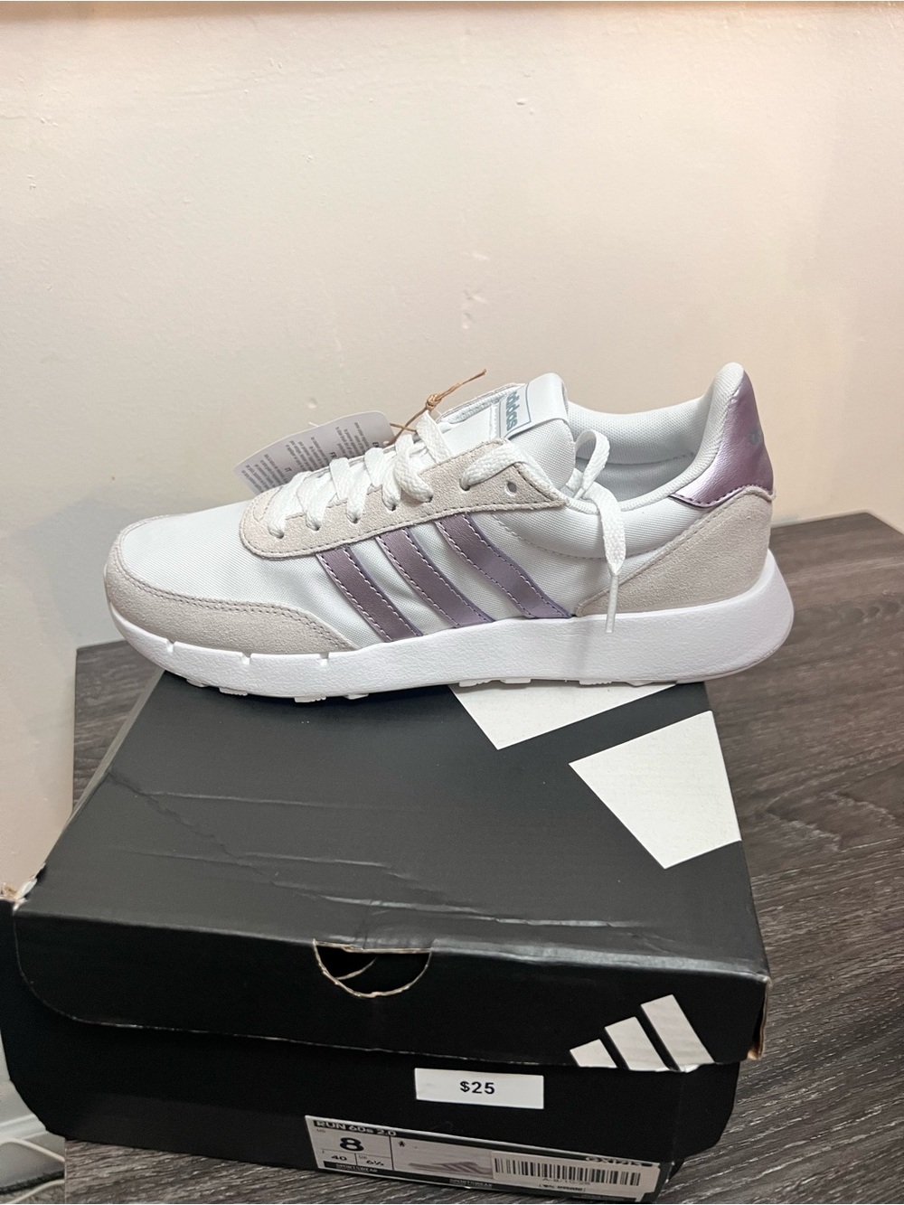 Adidas Run 60s women’s size 8 shoes  White & Metallic Lilac Stripes